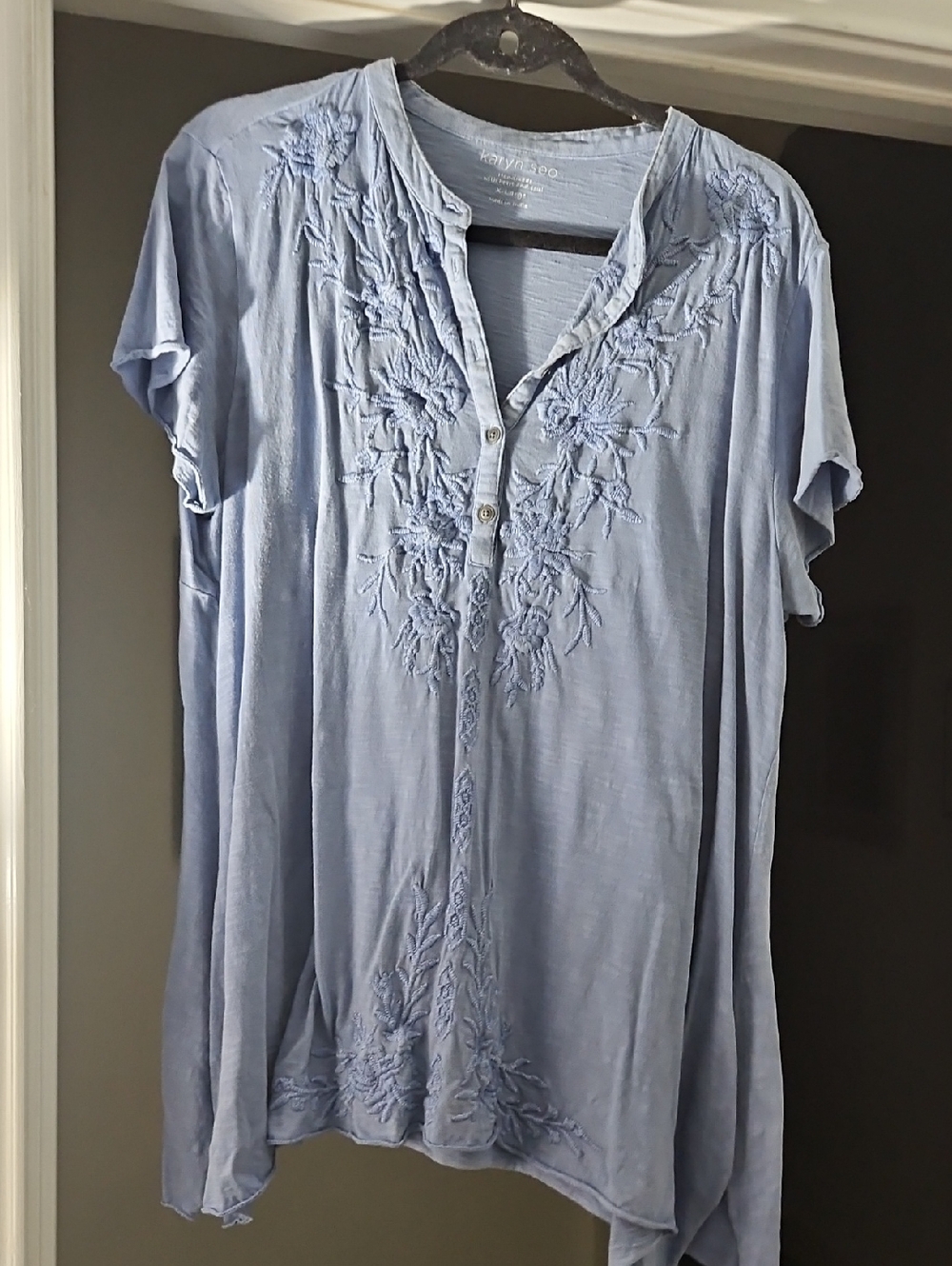 Crinkle Embroidered Short-Sleeve Tunic Top - Light Blue